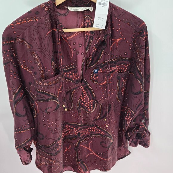 Abercrombie and Fitch Burgundy Paisley Pullover Pockets Long Sleeved Blouse XS - Picture 1 of 11